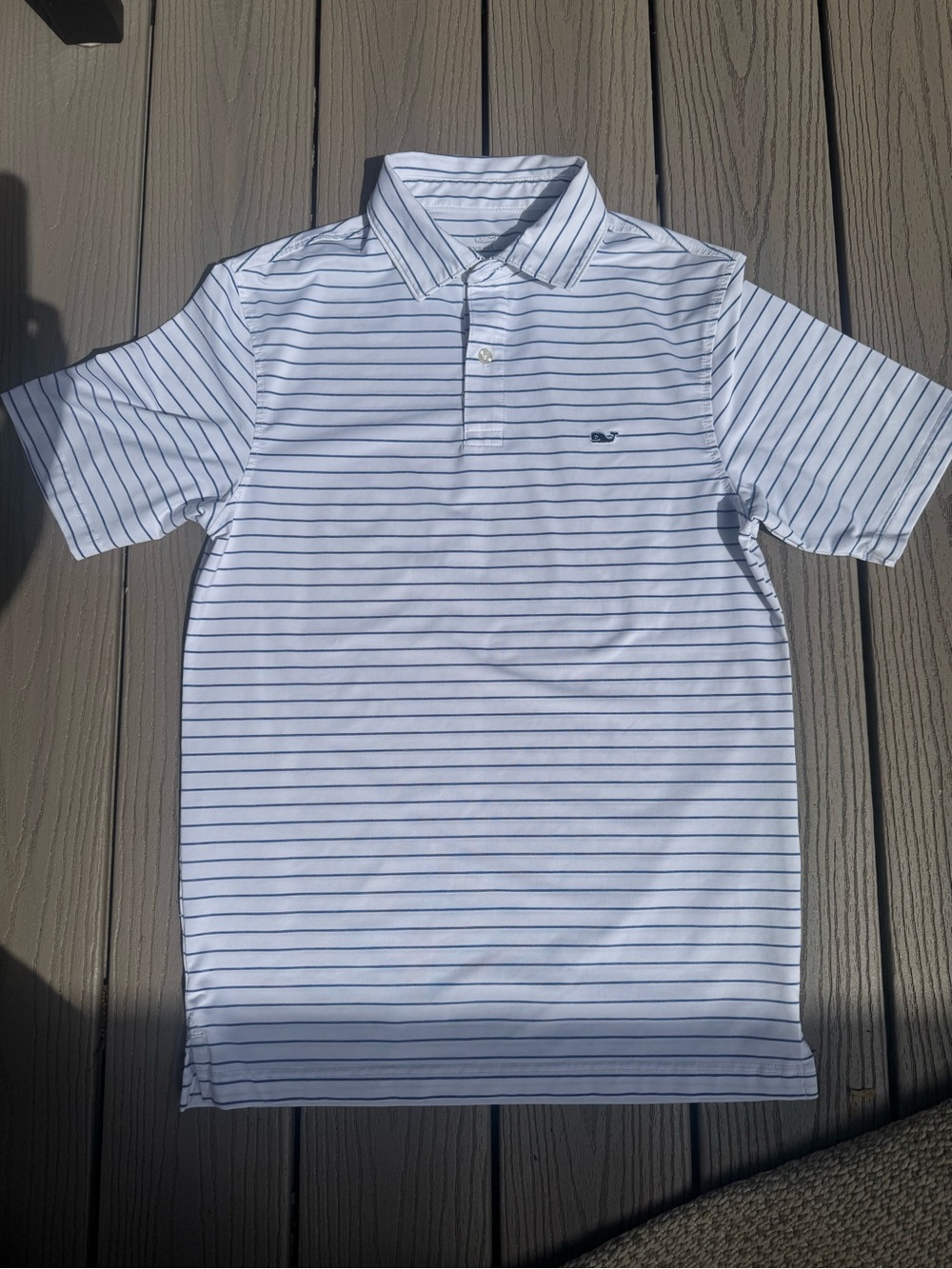 Vineyard Vines Boys XL White Polo with Blue Stripes and Whale Logo
